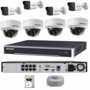 HIKVISION 5MP IP CCTV Camera, 4 Dome, 4 Bullet, 8CH NVR , 2 TB HDD, 200M CAT6Cable ,8 Channel POE with 16 RJ45