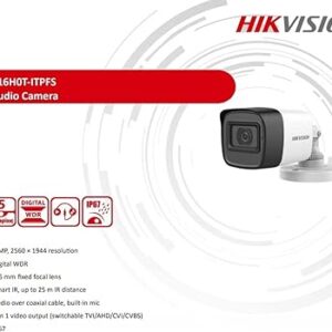 HIKVISION 5 MP Outdoor Bullet CCTV Ethernet Camera with inbuilt Audio Mic IP67 DS-2CE16H0T-ITPFS + USEWELL BNC/DC, 1080p White