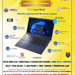 Asus ExpertBook B1 (8GB RAM, 12th Gen Intel I3, 512GB NVME SSD, 15.6) with ADP Warranty